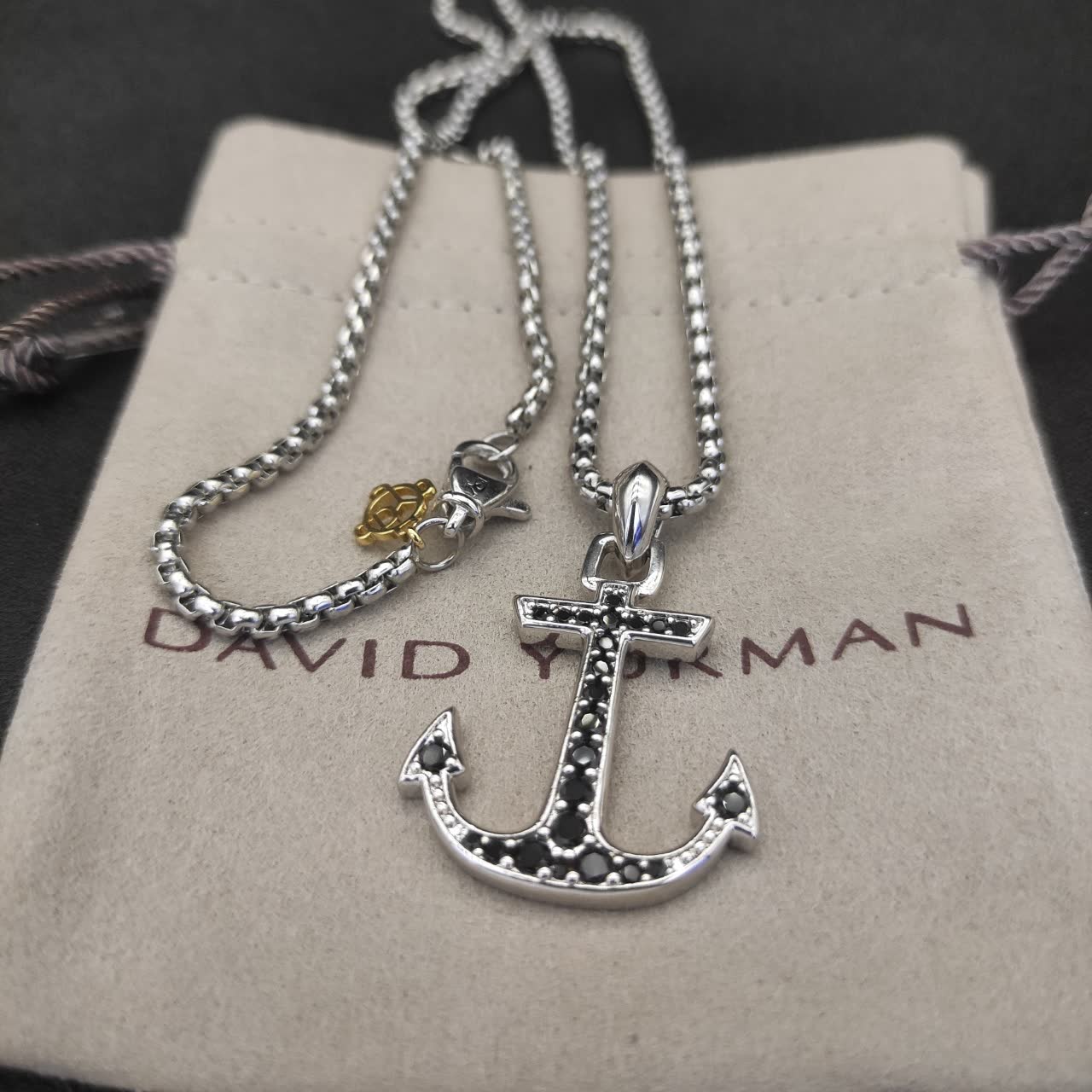 David Yurman Silver Anchor Pendant Necklace with Black Stones